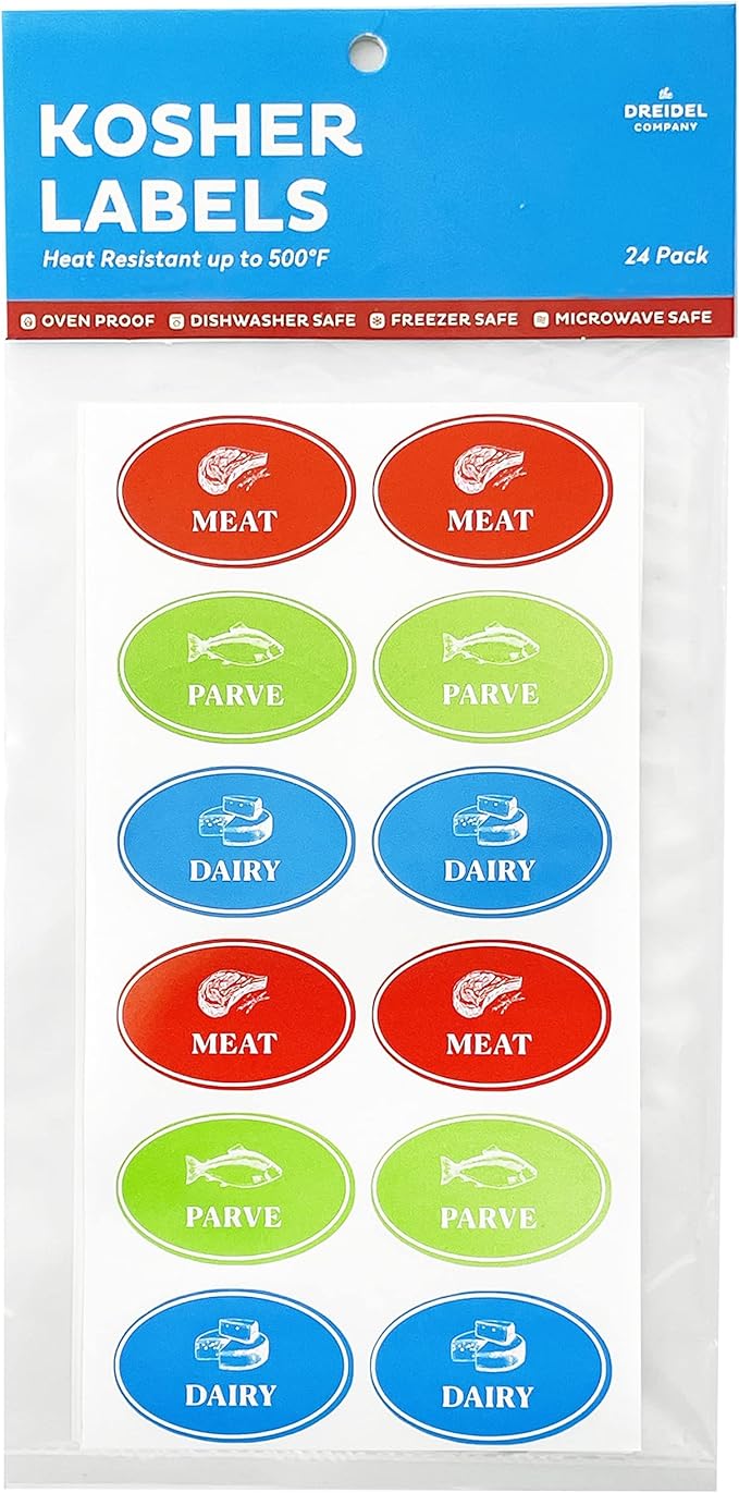 Assorted Kosher Labels, (24 Pack) 8 Blue Dairy, 8 Red Meat, 8 Green Stickers, Oven Proof up to 500°, Freezable, Microwavable, Dishwasher, English, Coded Kosher Kitchen Tools (24-Pack)