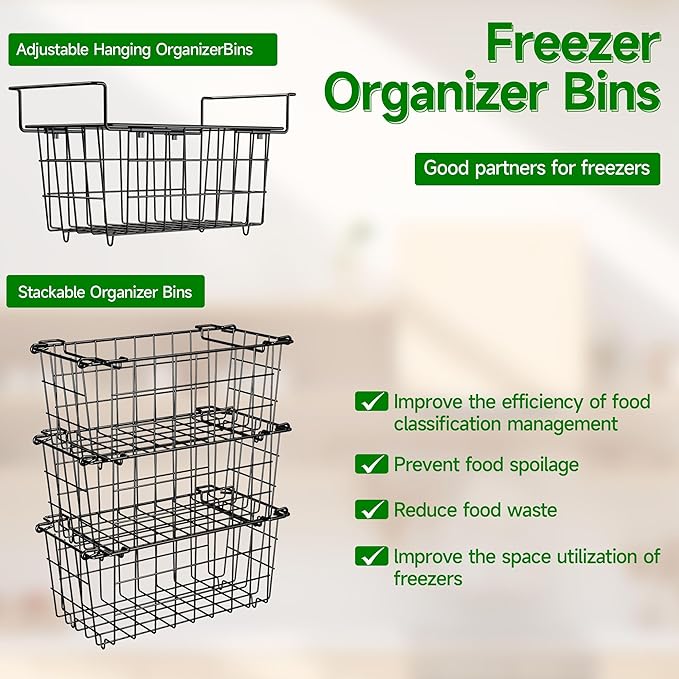 Freezer Baskets for Chest Freezer, Freezer Organizer Bins, 2 Pack Adjustable Hanging Deep Chest Freezer Organizer for 5-7 Cu.FT Deep Freezer Sort Frozen Food