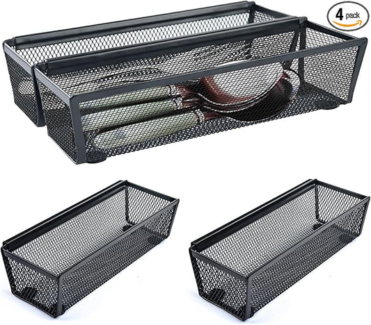 4PCS Drawer Organizer for Kitchen,Utensil Mesh Drawer Organizer with Interlocking Arm for Cosmetic,Flatware,Pen (9 * 3 * 2 Inches,Black)