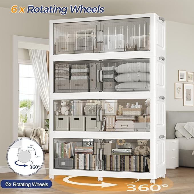 200Gal Extra Large Stackable Storage Bins with Lid, 800QT Foldable Collapsible Storage Box with Doors and Wheels, Plastic Closet Organizers Container Drawer for Bedroom Dorm Kitchen, 4Pack