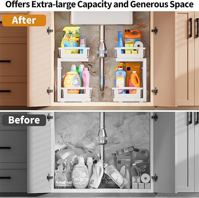 TOFWOF Under Sink Organizer 2 Pack, 2 Tier Adjustable Height Reinforced Carbon Steel Under Kitchen Bathroom Sink Storage Organizer, Smooth Pull-Out Under Sink Cabinet Rack Drawer Organizer, White