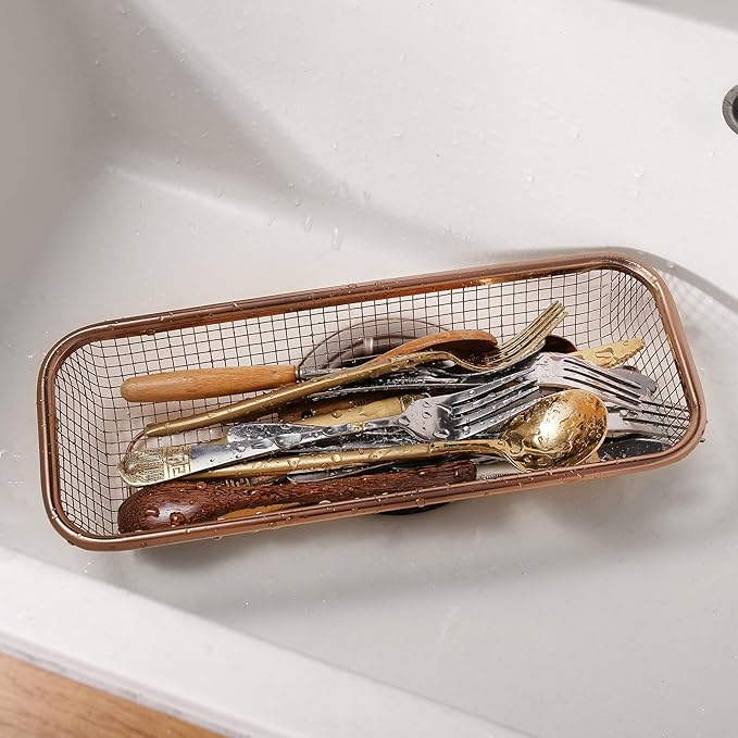 2Pack Stainless Steel Tumbler Cup Lid Organizer Inside Cabinet, Mason Jar Lid H, Rectangular Basket for Storage of Silverware, Chopsticks, straws and Utensils, Rosegold