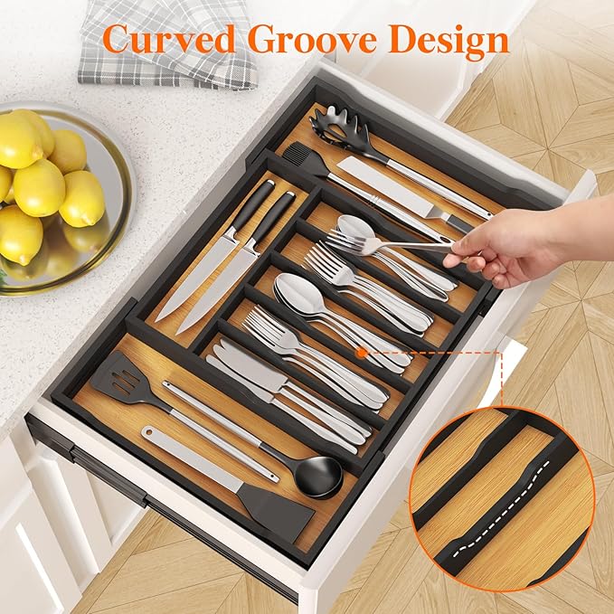 Lifewit Silverware Drawer Organizer, Expandable Utensil Tray for Kitchen, Bamboo Flatware and Cutlery Holder, Wood Adjustable Storage for Spoons Forks Knives, 13-22x15"/ 33 -56x38cm, Natural and Black