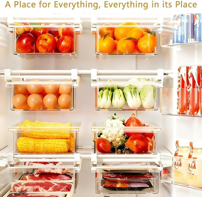 Refrigerator Drawer Organizers, Fridge Drawer Organizer, Pull Out with Handle, Clear Container for Food Drinks, Fit for Refrigerator Shelf Under 0.6 Inch, Easy to Install（1-Pack）