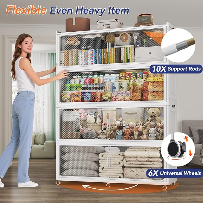 Fangtueh 200 Gallon Extra Large Collapsible Storage Bin with Lid, 960QT Stackable Plastic Organizer with 6x Wheels, Foldable Drawer Cabinet for Closet, Living Room Office, Kitchen 4Pack, White