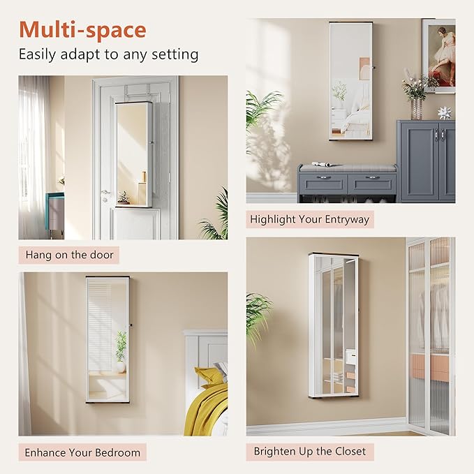 43.5" Over the Door Jewelry Organizer, Mirror with Storage and Lockable, Full Length Mirror Cabinet with Hanging Holder & Built-in Lights Makeup Mirror, Women/Girls (Elegant White)