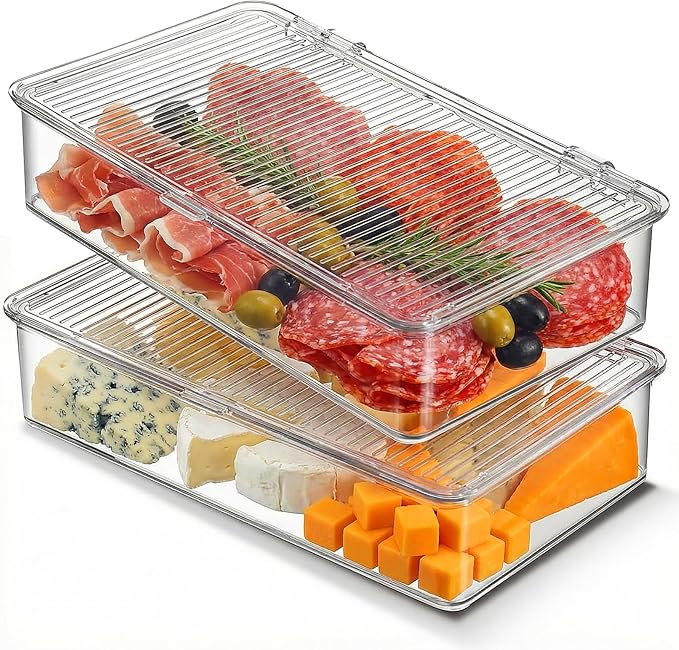 2 Pack Bacon Container For Refrigerator, Clear Plastic Storage Bin with Lid,Refrigerator Fridge Storage Organizer Storage Box for Coffee, Bathroom, kitchen, Snack, Beauty