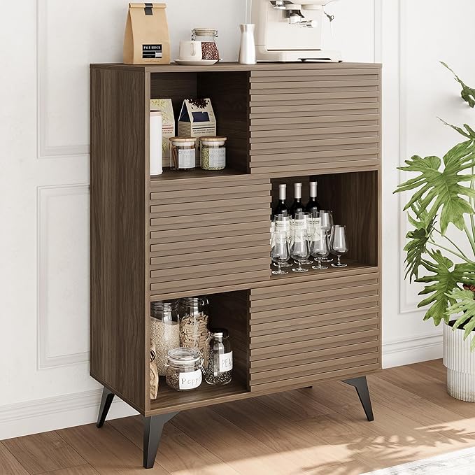 IDEALHOUSE Fluted Cabinet with Sliding Doors, Modern Wooden Storage Cabinet with Metal Base, 31 Inch Sideboard Cabinet with Storage for Dining Room,Living Room, Entryway