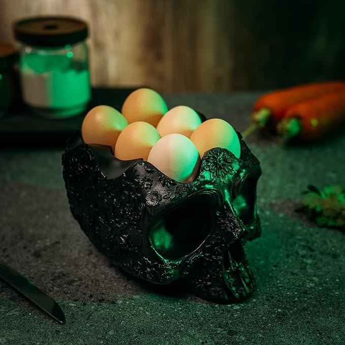 Gute Skull Egg Holder Container Bowl 6" H Half Dozen Decorative Skeleton Egg Keeper Storage Display Organizer Serveware Kitchen Countertop Breakfast Serving Dish Gift