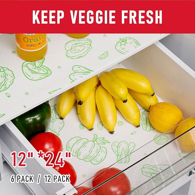 Cooyes Refrigerator Liners, Premium Absorbent Fridge Mats Non-Slip Washable, 12" x 24" Refrigerator Shelf Liners and Mats for Glass Shelves & Kitchen Cabinets, Non-Adhesive(6 PCS Green Veggie)