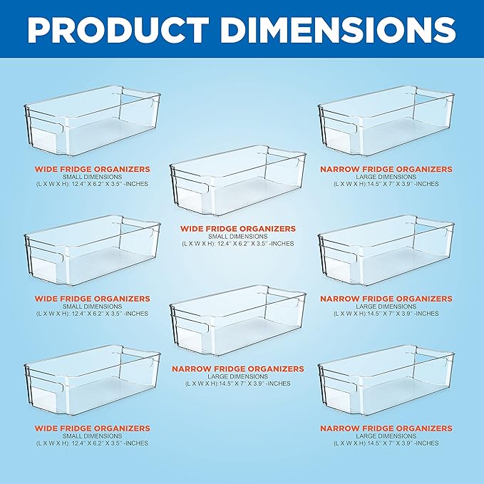 NutriChef 8-Piece Refrigerator Storage Bins - Stackable Fridge Organizers for Freezer, Kitchen, Countertops, Cabinets, & Pantry - 4 Wide & 4 Narrow Bins w/Egg Holder - Dishwasher Safe, Clear