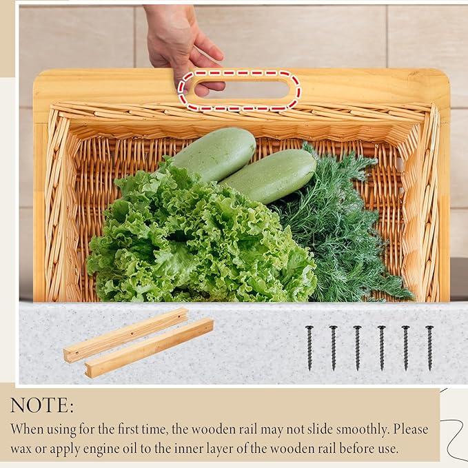 Rustic Wicker Pull out Cabinet Organizer Basket Drawers with Frame and Runners Slide 20" W x 20" l x 8" H for Kitchen Shelf Pantry Storage, Easy DIY Installation