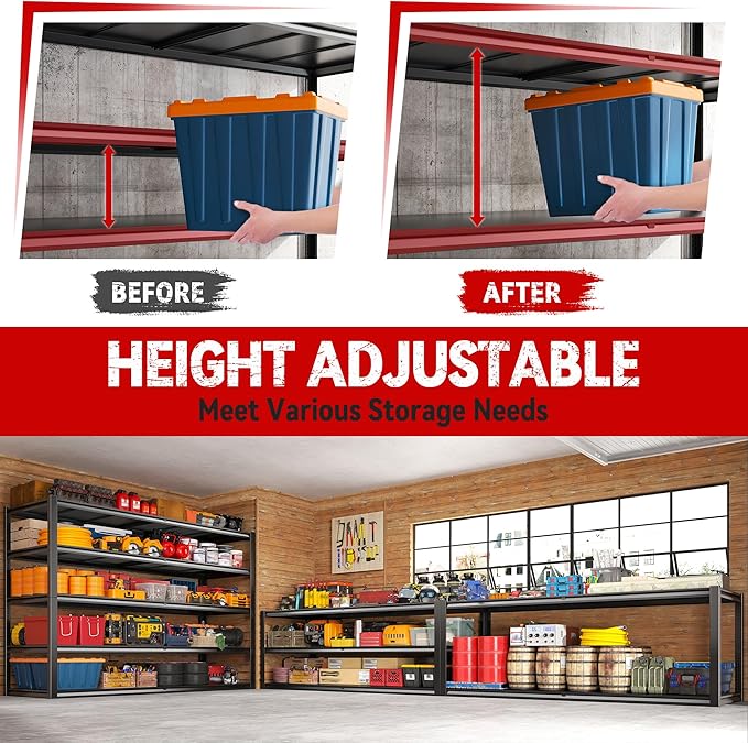 REIBII Garage Shelving 78" H, Garage Storage Shelves Heavy Duty Shelving Unit Load 3000LBS, 5 Tier Adjustable Metal Shelves for Warehouse, Basement, Pantry, Factory, 55" W x 26" D x 78" H