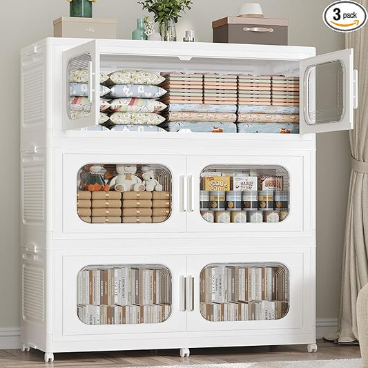 150Gal Extra Large Stackable Storage Bins with Lid & Wheels & Doors, 200QT/50GAL 3-Tiers Collapsible Closet Organizers Plastic Containers Drawers Boxes for Home Kitchen Bedroom, White