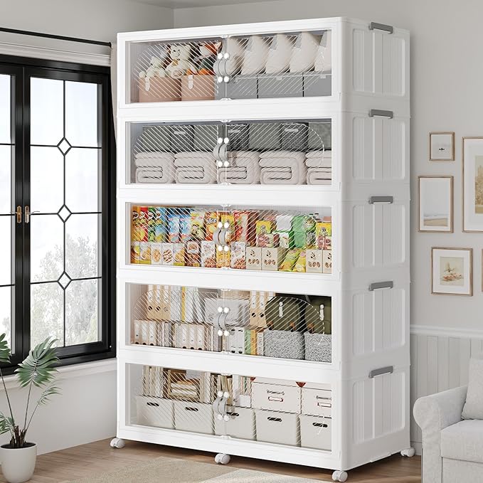 300Gal/1200QT 5-Tiers Extra Large Stackable Storage Bins with Lid, Collapsible Cabinet Closet Organizer Plastic Container Box with Wheels Doors Drawers for Office Dorm Kitchen Office, White