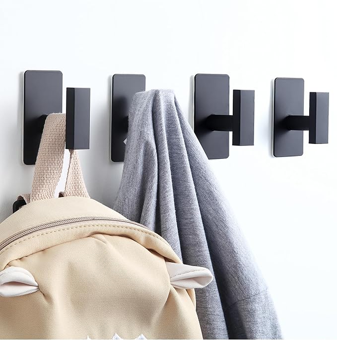 JAAWAN (4-Pack) Matte Black Adhesive Towel Hooks, Stainless Steel Adhesive Wall Hooks for Bathroom Kitchen Hanging Towels, Coats, Robes, Clothes, Hats