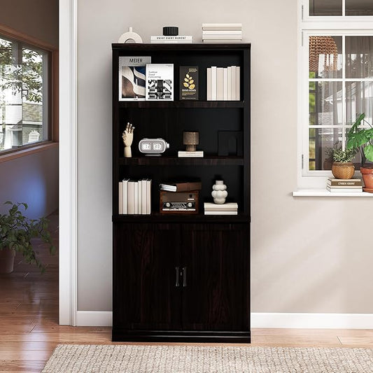 70 Inch Tall Bookcase with Doors, Library Office Bookshelf with Adjustable Shelves, Floor Standing Book Cabinet Shelves for Living Room Bedroom with Anti Tipping Kit, Dark Cherry Finish