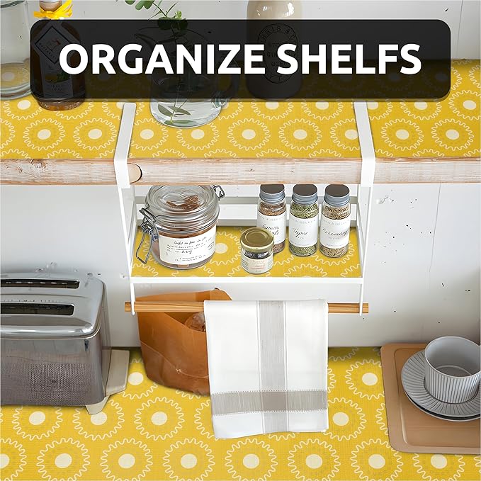 12X120 Inch Shelf Liner for Kitchen Cabinets, PVC Drawer Liner for Dresser Non-Slip Bathroom, Non-Adhesive Cabinet Liner Washable (Yellow Circle)(5 Roll)