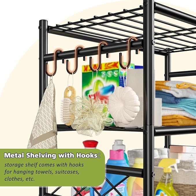 Storage Shelves 4 Tier Shelf Organizer,Metaling Shelving with Hooks,Heavy Duty Garage Shelves Unit with Leveling Feet,Wire Shelving for Pantry,Kitchen and Closet,23.6" W x 13.8" D x 60.4" H