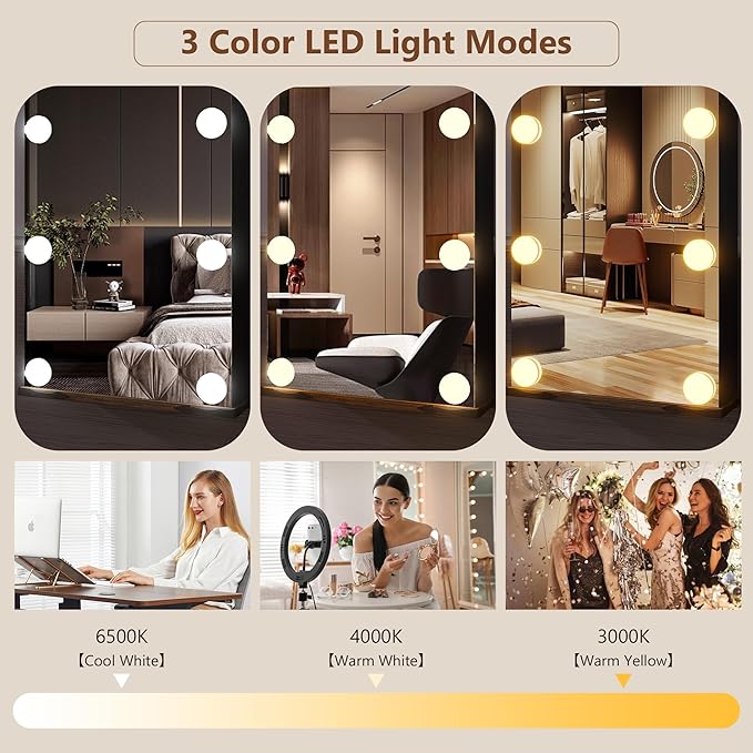 Over the Door Jewelry Organizer, 12 Hollywood Bulbs Hanging Jewelry Armoire with Full Length Mirror, 43.5" Lockable Large Storage Jewelry Cabinet for Girls/Women, (Wood grain black)
