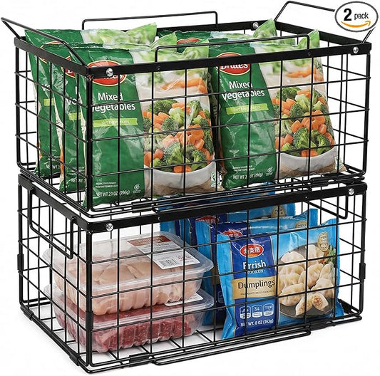 Reinforced Freezer Organizer Bins, 2 Pack Large Stackable Upright Chest Deep Freezer Storage Containers, Black Wire Foldable Baskets with Handles, More Space, Easy Access (V-2 Packs-2)