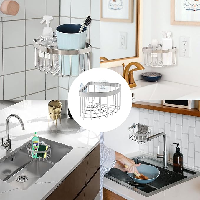 Sink Caddy, Dish Cloth Hanger Sponge Holder, Save Space Triangle 2-in-1 Sink Caddy, 304 Stainless Steel Corner Kitchen Sink Organizer, No Drilling with 2Pcs Suckers