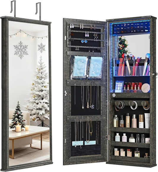 43.5" Over the Door Jewelry Organizer, Mirror with Storage and Lockable, Full Length Mirror Cabinet with Hanging Holder & Built-in Lights Makeup Mirror, Women/Girls (Wood Grain Brown)