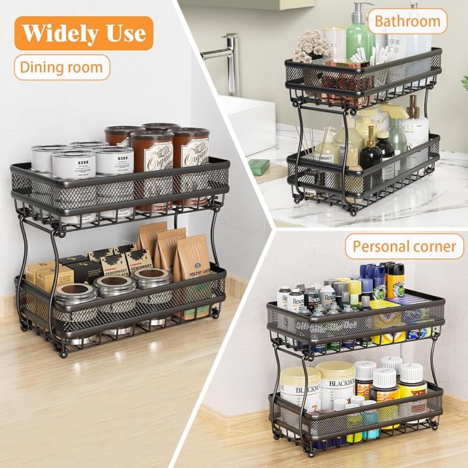 2 Tier Fruit Basket Countertop for Kitchen, Vegetable Bread Bowl Storage Stand - Detachable Metal Rectangular Wire Basket, 14-Inch Antique Black