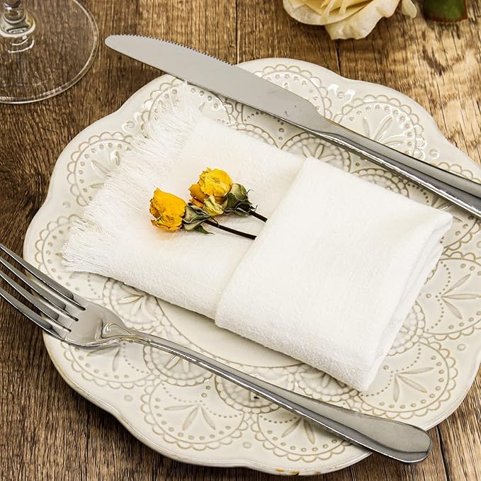 Handmade Cloth Napkins with Fringe,18 x 18 Inches Cotton Linen Napkins Set of 6 Versatile Handmade Square Rustic Fringe Napkins for Dinner, Wedding and Parties, White