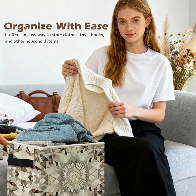 Modern Abstract Neutral Floral Storage Box Bins, Beige Brown Abstract Boho Collapsible Storage Basket Organizer for Bedroom Laundry Room Home Clothes Toys Books, Toybox for Kids