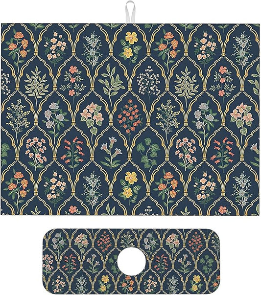 2Pcs Dish Drying Mats Faucet Mats Sets Large Size Coffee Mats Sink Faucet Mat Splash Guard for Kitchen Counter Bathroom Sink Coffee Bar Kitchen Decor (Vintage Flowers, 18"x24" 15" x 5.5"Set)