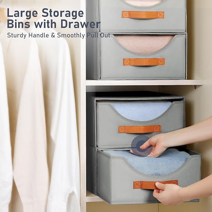 DIMJ Closet Organizers and Storage - 4 Pack Fabric Storage Bins with Drawers, Collapsible Clothes Organizers Stackable Drawers for Closet, Bedroom, Living Room, Shelf, Wardrobe