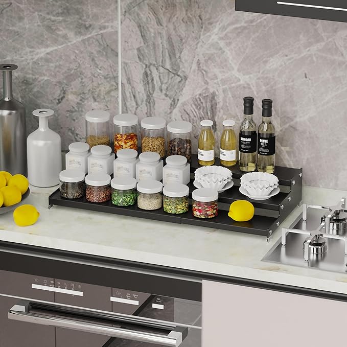 Expandable Spice Rack Storage organizer with 3-Tier step shelf for cabinet,seasoning racks organizion.Great for Kitchen countertop shelves,Pantry and more (1pack/Black)