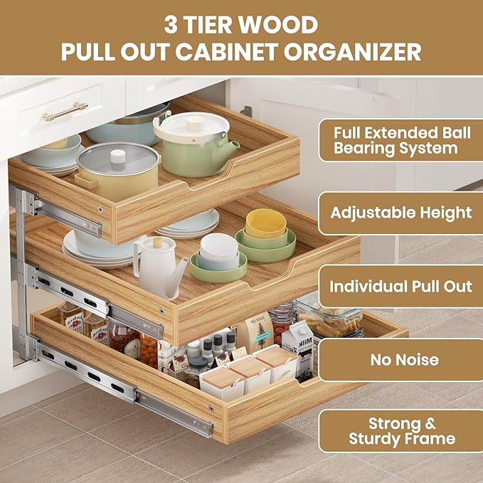 ROOMTEC 3 Tier Pull Out Cabinet Organizer, Heavy-Duty Pull Out Drawer, Slide Out Wood Shelf for Cabinets, Base Cabinet Organization for Pantry, Bathroom (19½"Wx21 D)