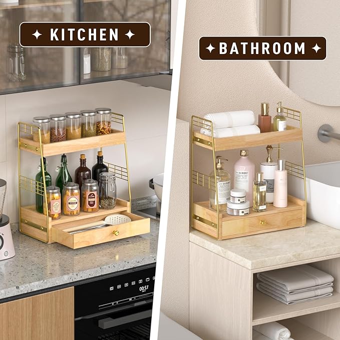 Coffee Bar Station Organizer with Built-In Drawer, 2-Tier Countertop Shelf for Tea Bags, Coffee Accessories, Syrup Bottles (Natural)