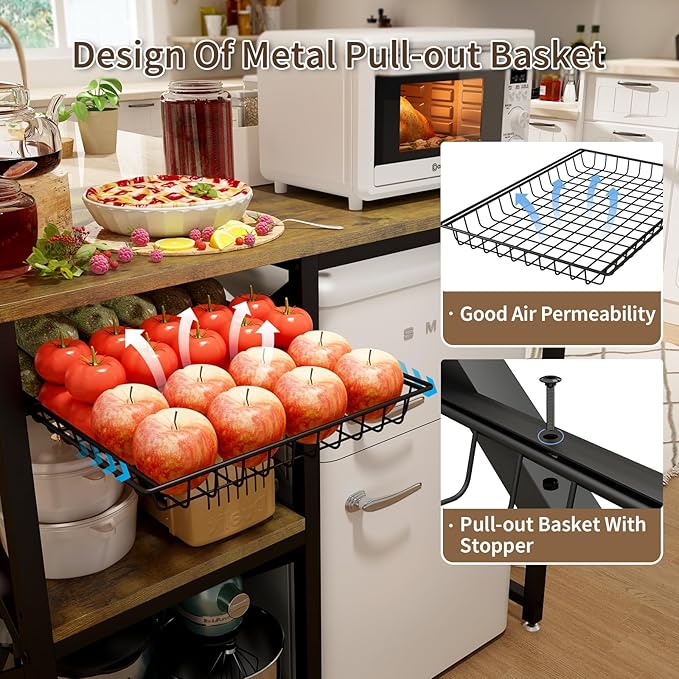Kitchen Bakers Rack with Power Outlet,Mini Fridge Cabinet with Mesh Basket, Mini Fridge and Microwave Table with Storage for Office,Kitchen,Living Room,Coffee Bar,Patio,Brown