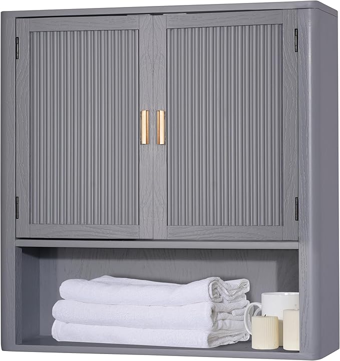 Pre-Assembled Wall Mounted Medicine Cabinet – 2-Door Bathroom Storage Cabinet with Fixed Shelf, Space-Saving Over-The-Toilet Organizer for Small Bathroom Living Room Kitchen or Laundry (Grey)