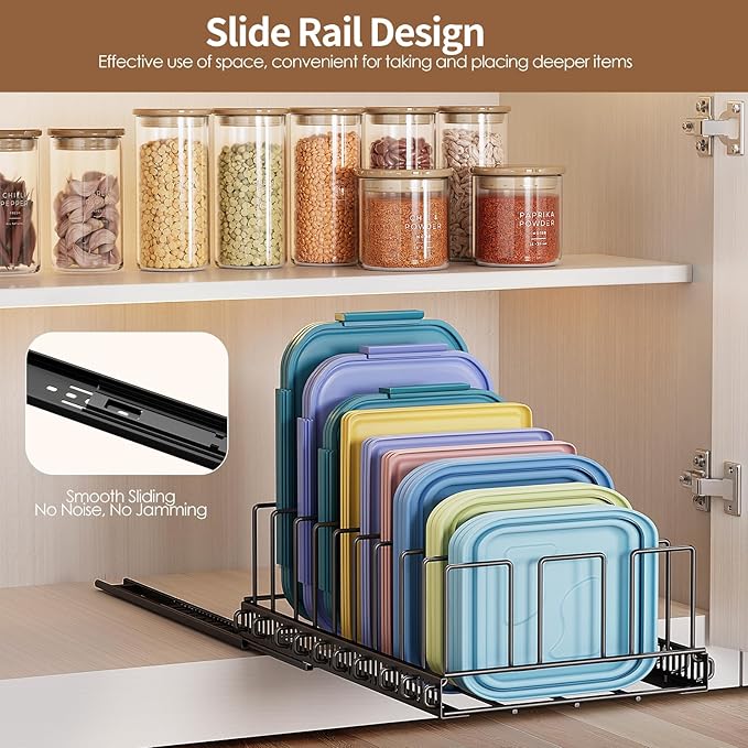 Housolution Pull Out Food Container Lid Organizer with Sliding Rail, Slide Out Plastic Lid Holder Compatible with Tupperware, Metal Storage Rack with 10 Adjustable Dividers for Cabinet, 1 Pack