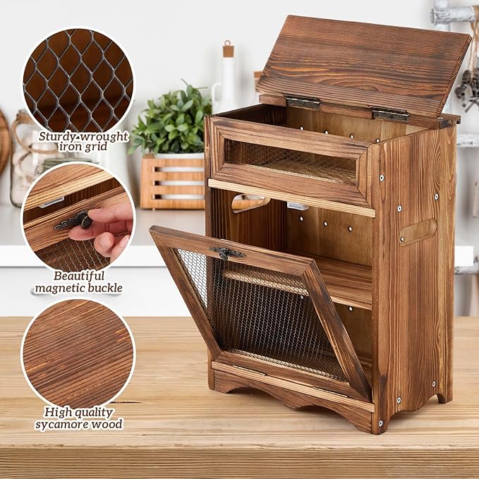 Wooden Countertop Storage Cabinet Potato and Onion Bin Box Wooden Bread Storage Bins Potato Container with Lid for Kitchen Pantry, 11.8 x 6.8 x 16 inch