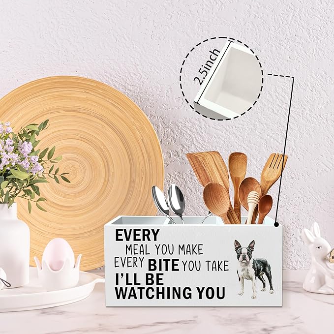 Boston Terrier Dog Kitchen Utensil Holder for Countertop, Dog Decorative Lover Gifts, Funny Every Meal You Make Every Bite You Take Wooden Utensil Holder Organizer for Kitchen Table Decor