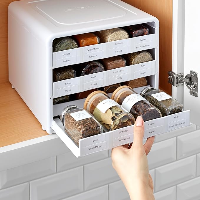 YouCopia SpiceStack Adjustable Spice Rack Organizer, Pull-Down 24-Bottle Seasonings and Spices Holder for Kitchen Cabinet and Pantry Organization with 104 Included Labels