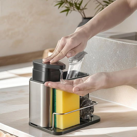 Soap Dispenser for Kitchen & Bathroom Sink,3-in-1 Sponge Holder for Kitchen, Organizer Dish Soap Dispenser,Sink Caddy,Stainless Steel Dish Brush Scrubber with Sponge Holder
