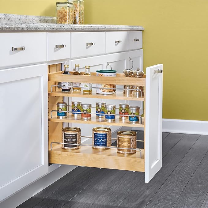 Rev-A-Shelf 8" Pullout Storage Organizer for Base Kitchen/Bathroom Cabinets, Spice Rack Pantry Shelves with Soft-Close Slides, Wood, 448-BDDSC-8C