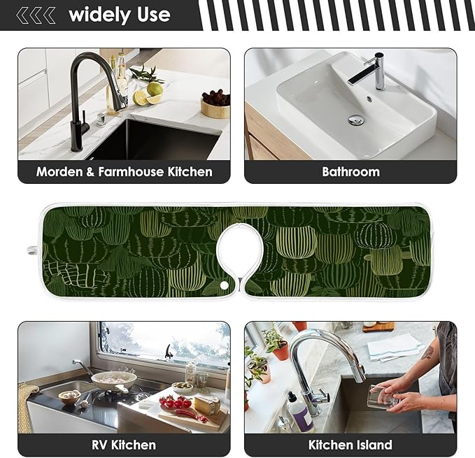 2 PCS Kitchen Sink Splash Guard 23.6 Inch Faucet Mat for Kitchen Sink Bathroom Sink Faucet Absorbing Drip Drain Mat Pad Microfiber Soft Washable Dark Green Cactus Plants