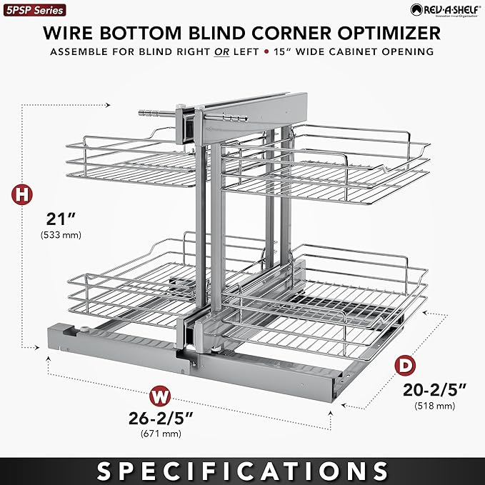 Rev-A-Shelf Chrome Two-Tier Wire Bottom Optimizer w/Soft-Close for 15" Blind Corner Cabinet Openings, Storage Organizer with 4 Shelves, 5PSP-15SC-CR