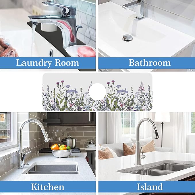 Faucet Mat Splash Guard Botanical Herbs Wild Flower, Soft Diatom Mud Material, Strong Water Absorption, Non-slip,Easy to Clean for Bathroom, Kitchen 15"X5.5"