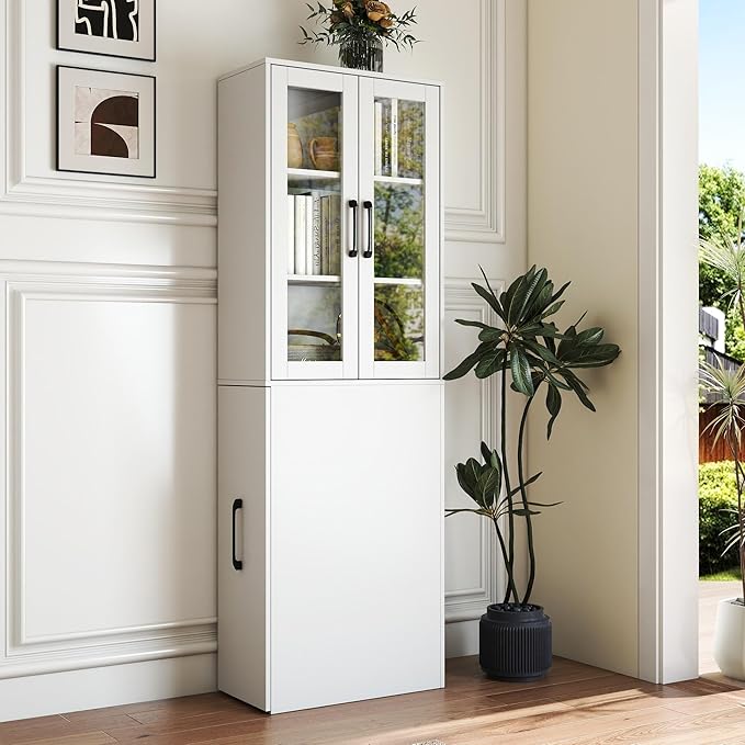 White Tall Storage Cabinet with Glass Doors and Pull-Out Rolling Cart, 71” Narrow Pantry Cabinet with Adjustable Shelves, Modern Display Bookcase for Kitchen, Bathroom, Office, Living Room