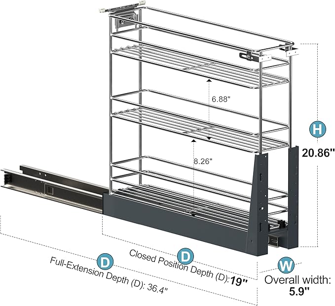 Pull Out Spice Rack for Narrow Cabinet (5.9" W X 19.7" D), Heavy Duty 3 Tier narrow PullOut Cabinet Organizer and Slide Out Shelves for inside Base Cabinets, Filler Pantry Storage