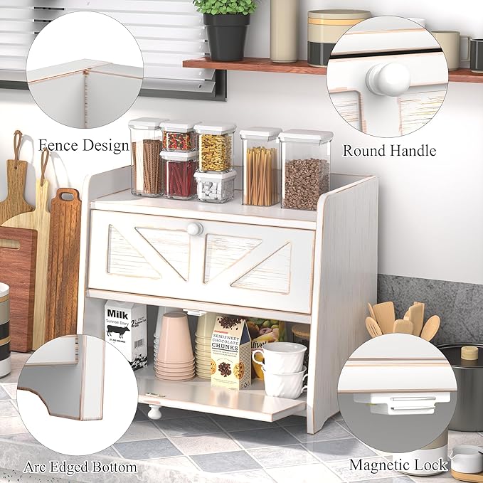 Corner Bread Box for Kitchen Countertop, Vintage Wooden Counter Organizer, Bamboo Bread Storage Bin for Homemade Bread, Small Farmhouse Corner Breadbox Container with Acrylic Window, Vintage White