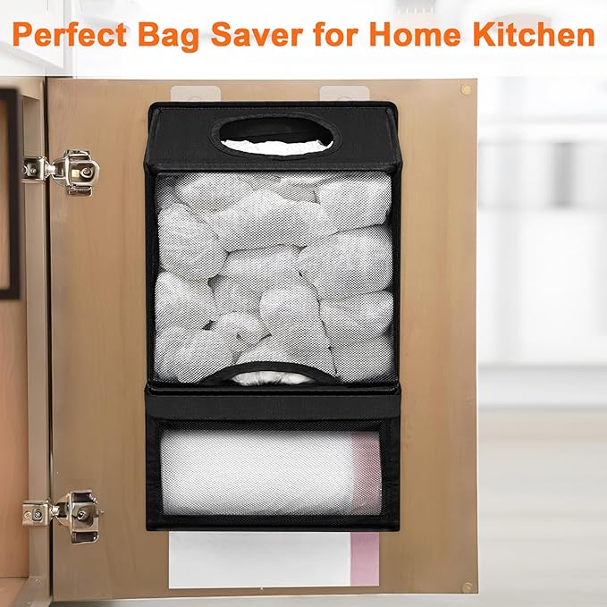 Plastic Bag Holders for Grocery Bags - Large Wall Mount Grocery Bag Holder with Dispenser for Kitchen, Oxford Cloth 2-in-1 Space-saving Plastic Bags Organizer, Black